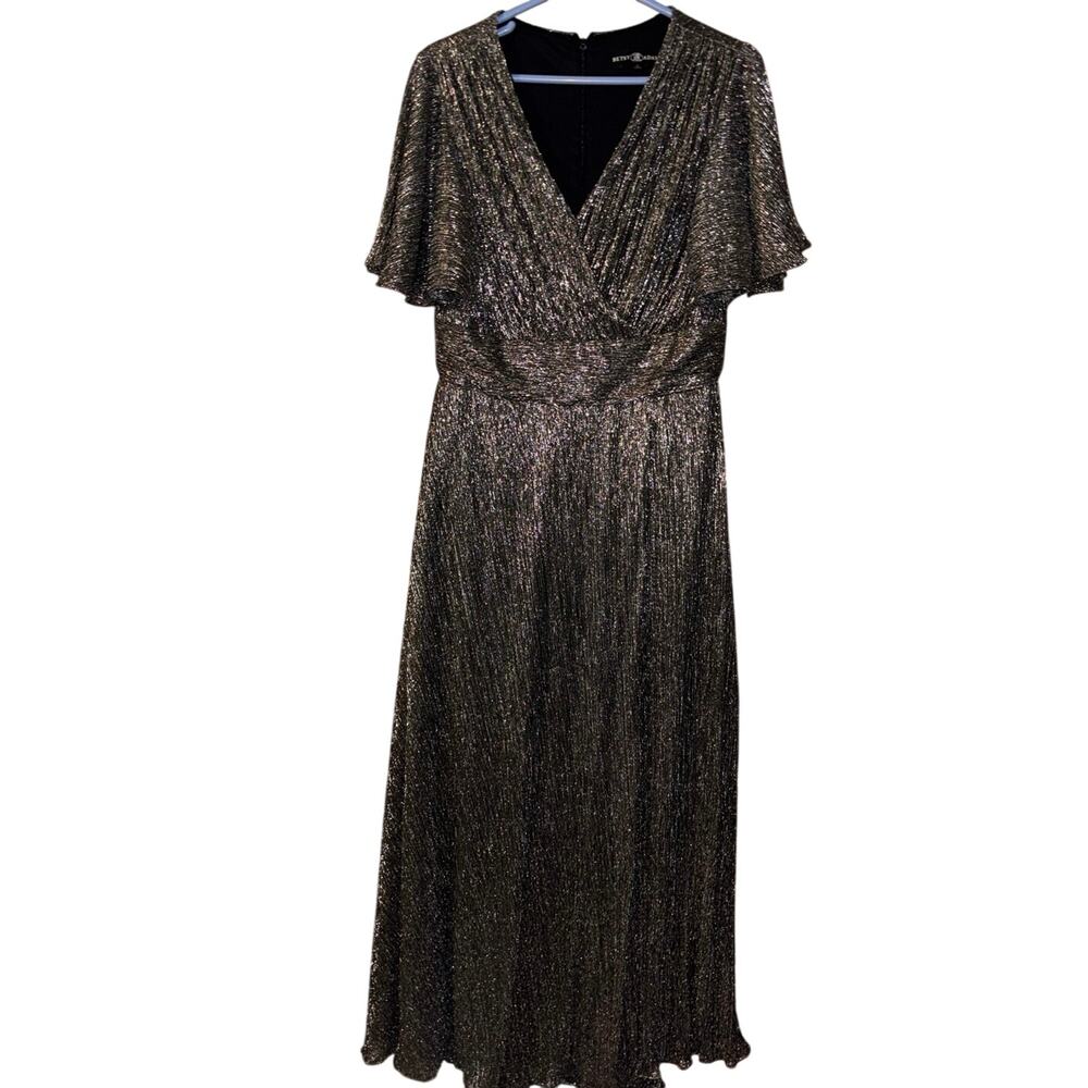 Betsy & Adam women’s Long V-Neck Flutter Sleeve metallic Dress (size 14)